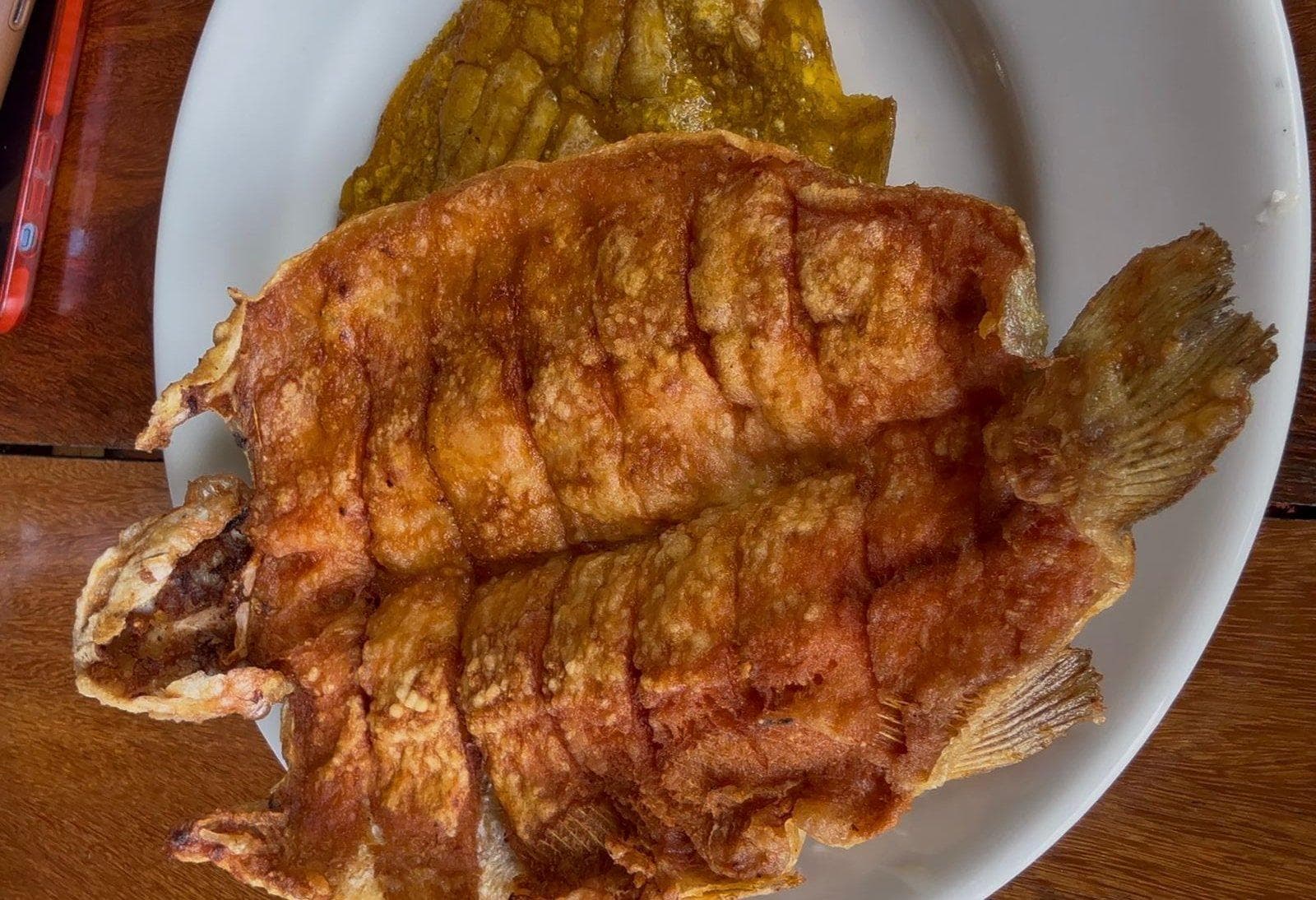 La trucha entera frita, con costra dorada y patacón — la única opción del menú y la que necesitas